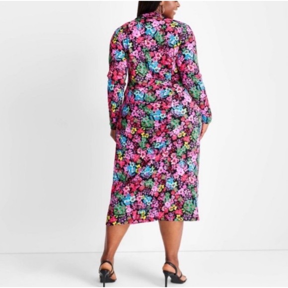 Wild Fable Floral Mock Neck Long Sleeve Side Slit Midi Dress Multicolor Black - Picture 5 of 5